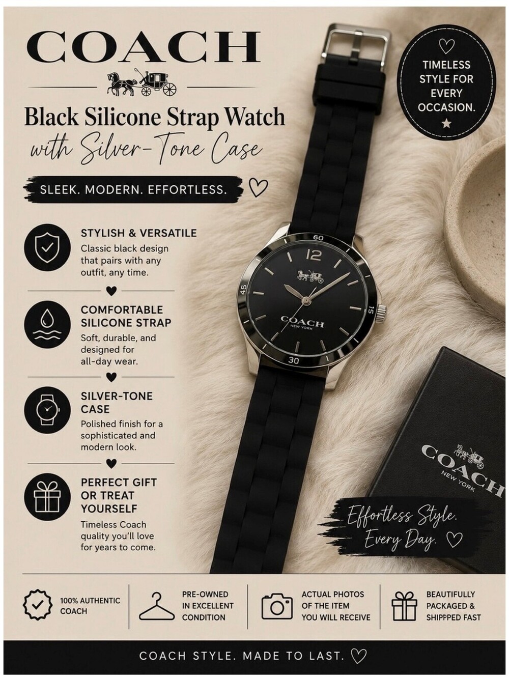 Coach Black Silicone Strap Watch with Silver-Tone Case